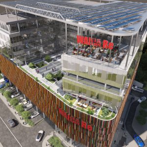 WAICA RE Modern building with rooftop terrace.