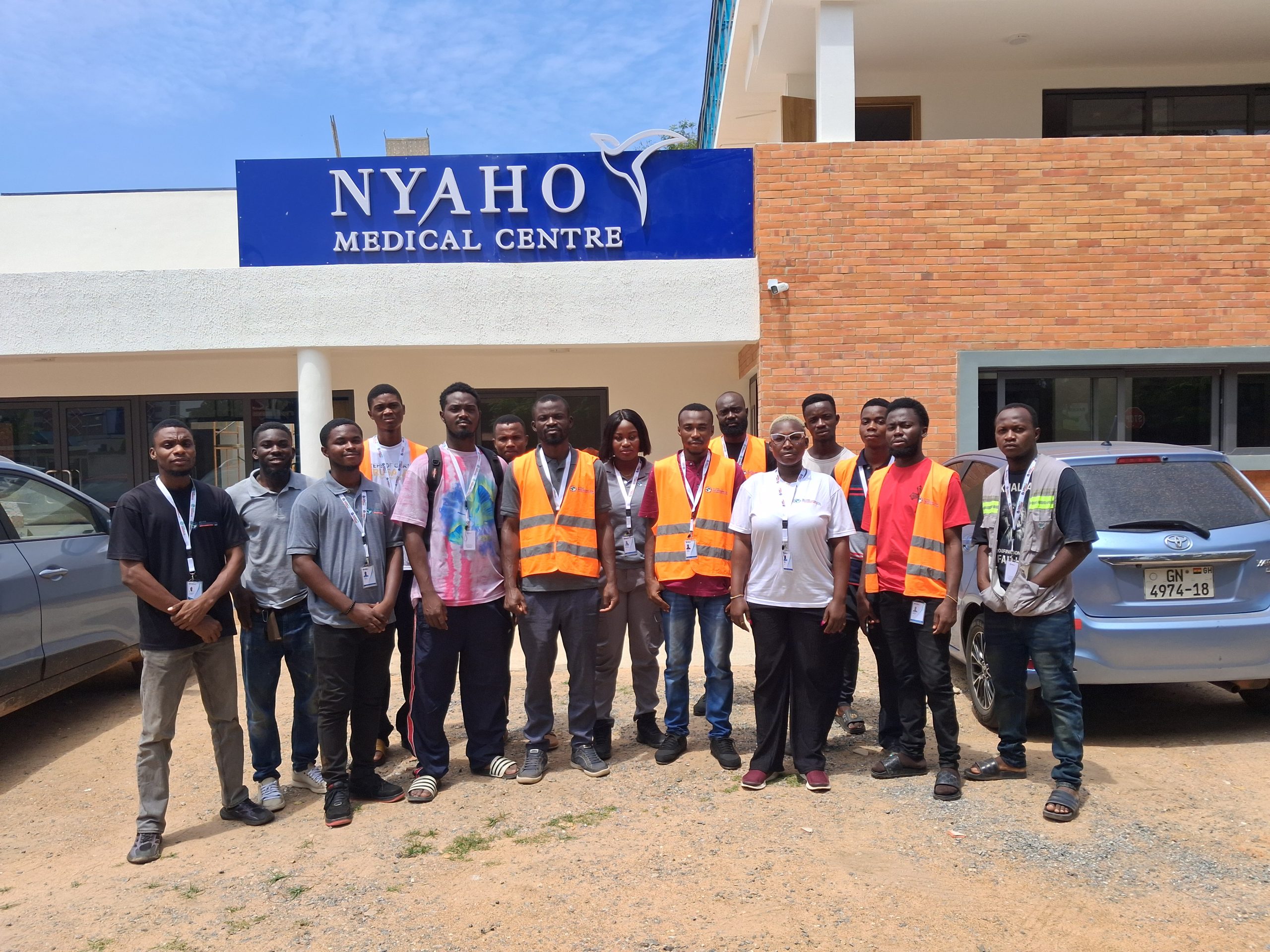 Group photo outside Nyaho medical center.